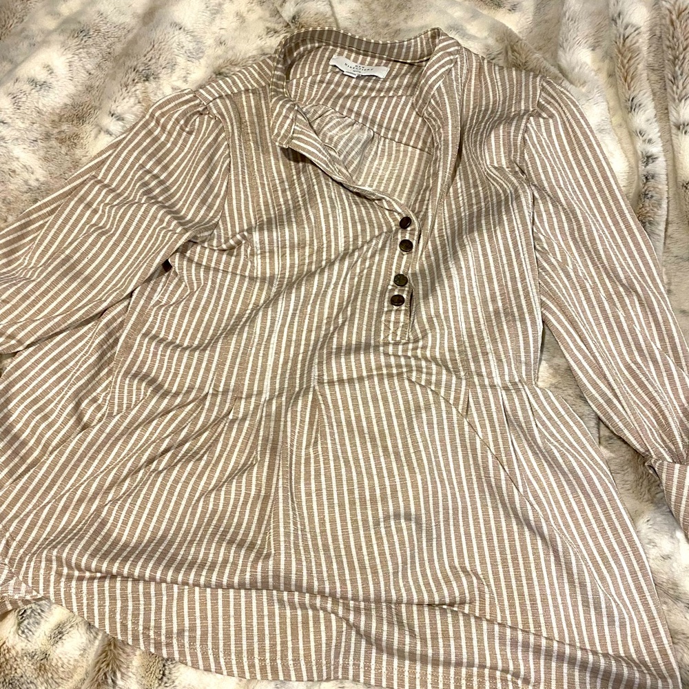 Tan and white stripped button up shirt